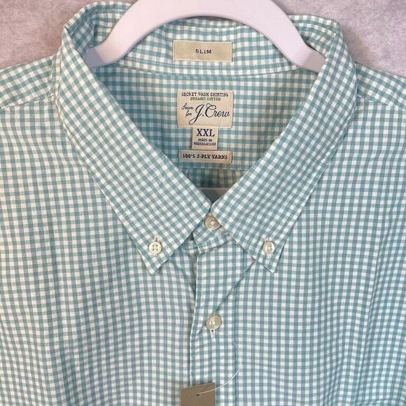 J.Crew Mens Button Up Shirt Size 2XL Green Check Long Sleeve Slim Fit Organic - Picture 1 of 14